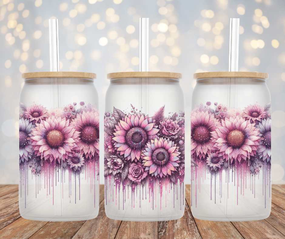 Pink Flowers Beer Can Glass