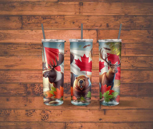 Canadian Flag with Moose, Beaver, and Deer 20 oz. Tumbler