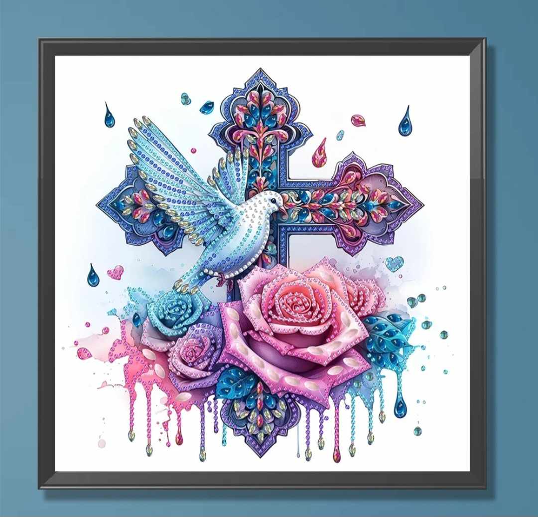 Cross with Rose and White Dove Diamond Painting Kit