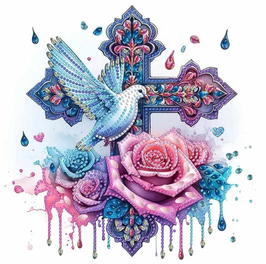 Cross with Rose and White Dove Diamond Painting Kit